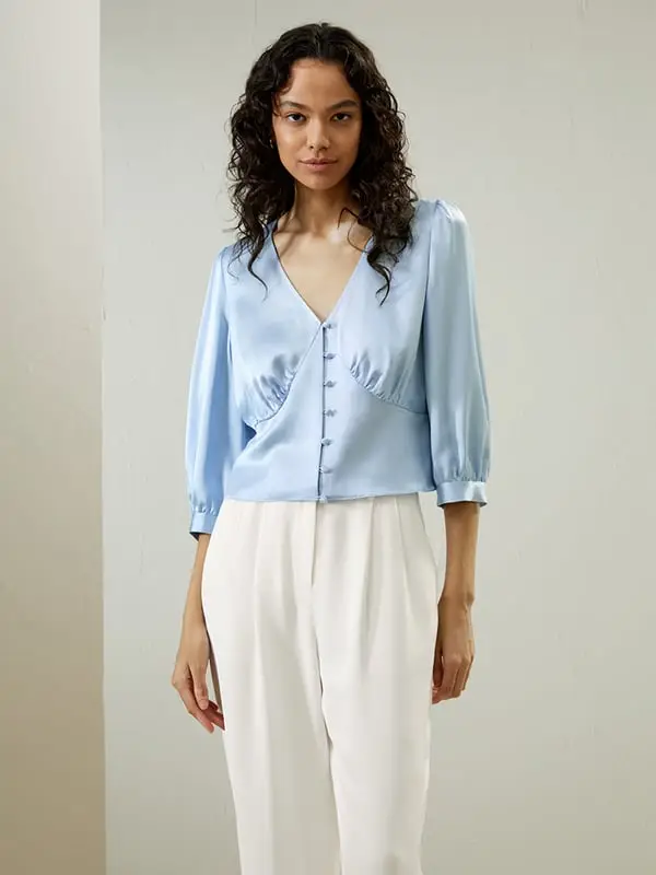 Camicia Di Seta Vestibilità Slim Seta Charmeuse Adatto A Molteplici Occasioni Drappeggia Bene Sky Blue