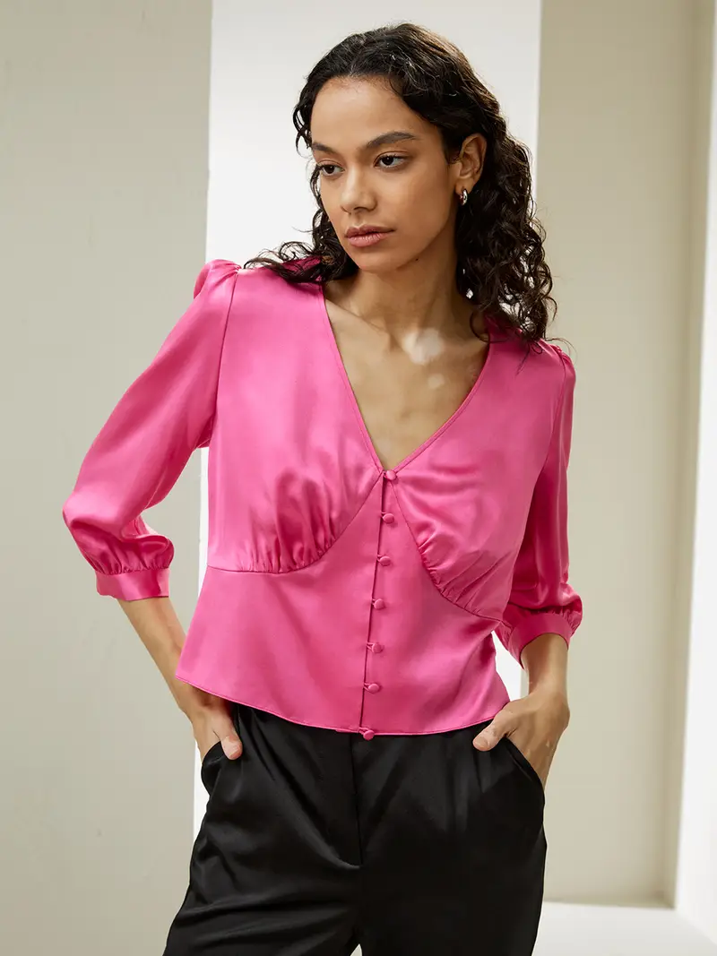 Camicia Di Seta Vestibilità Slim Seta Charmeuse Adatto A Molteplici Occasioni Morbida Rosa