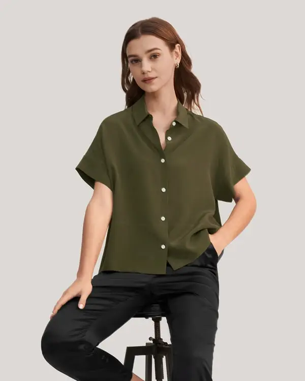 Camicia Donna Elegante in Pura Seta Crepe de Chine a Maniche Corte Verde Oliva Verde Olivia