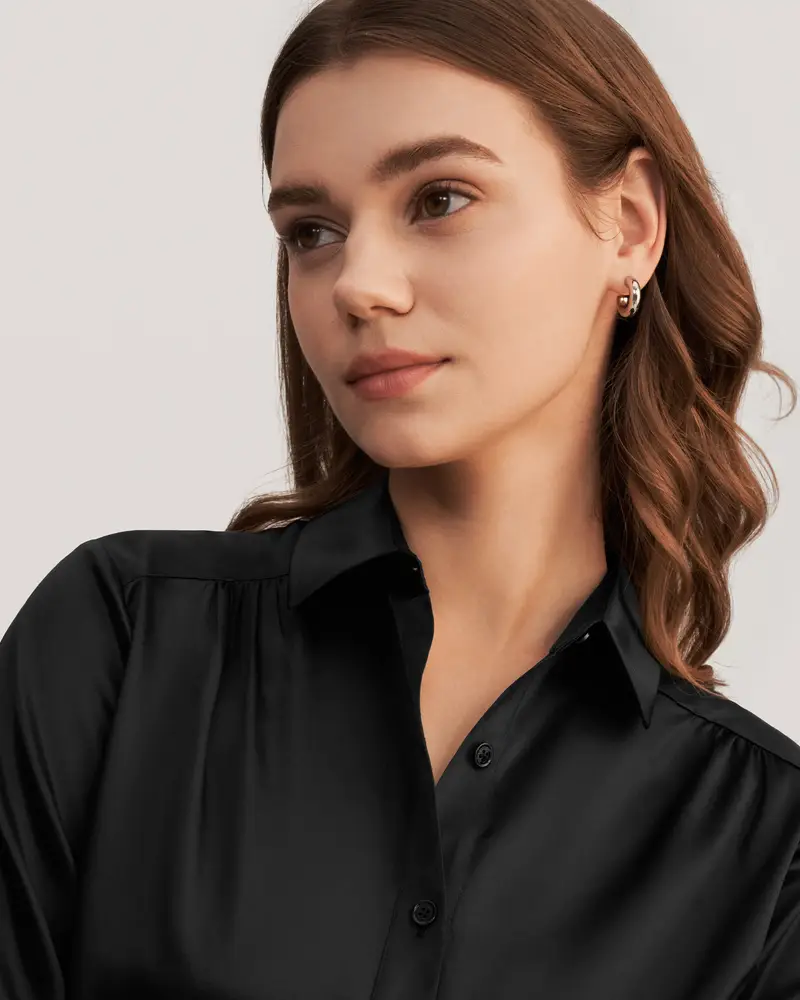 Camicia Donna Seta Nero Vestibilità Regolare, Senza Rughe Seta Di Gelso Delicato Sulla Pelle E Traspirante