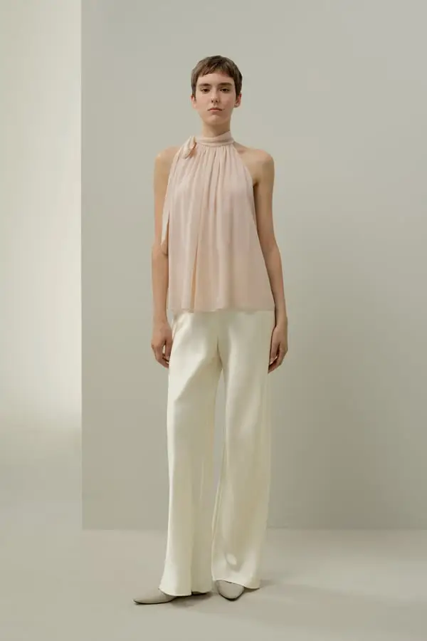 Camicia Georgette Rosa Polvere Elegante e Leggera con Collo a Nastro