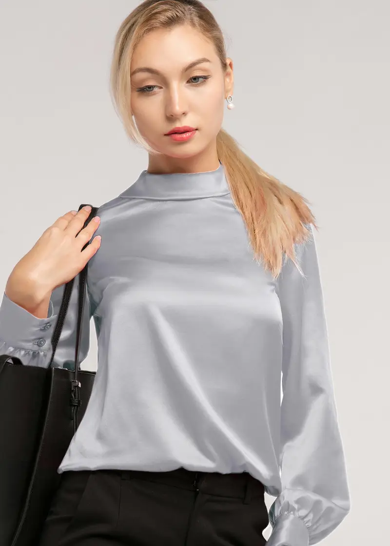 Camicia In Seta Con Collo Alto E Maniche Lunghe Argento