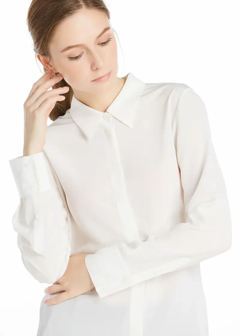 Camicia In Seta Donna Bianco Bottoni Madreperla, Vestibilità Regolare 100% Seta Pura Buon Valore, Rispettoso Della Pelle