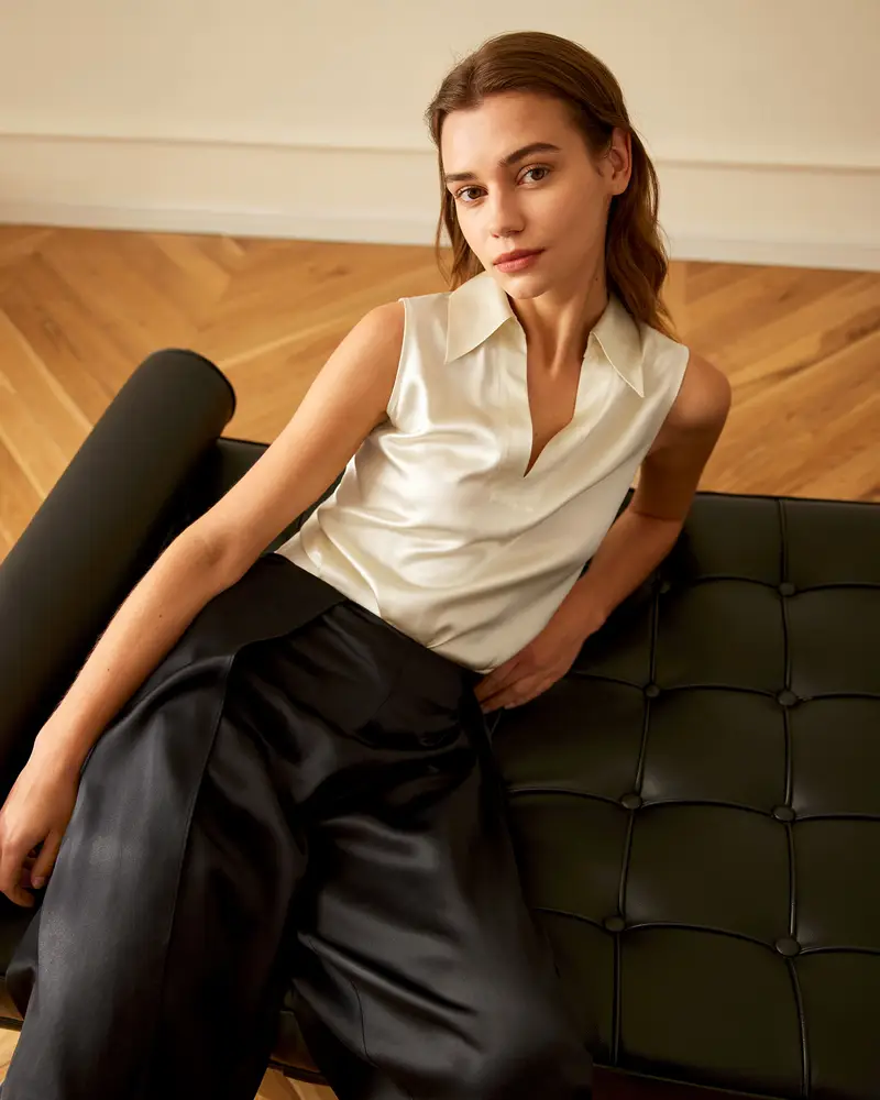 Camicia In Seta Donna Bianco Scollo A V, Finitura Lucida 100% Seta Di Gelso Buon Valore, Rispettoso Della Pelle