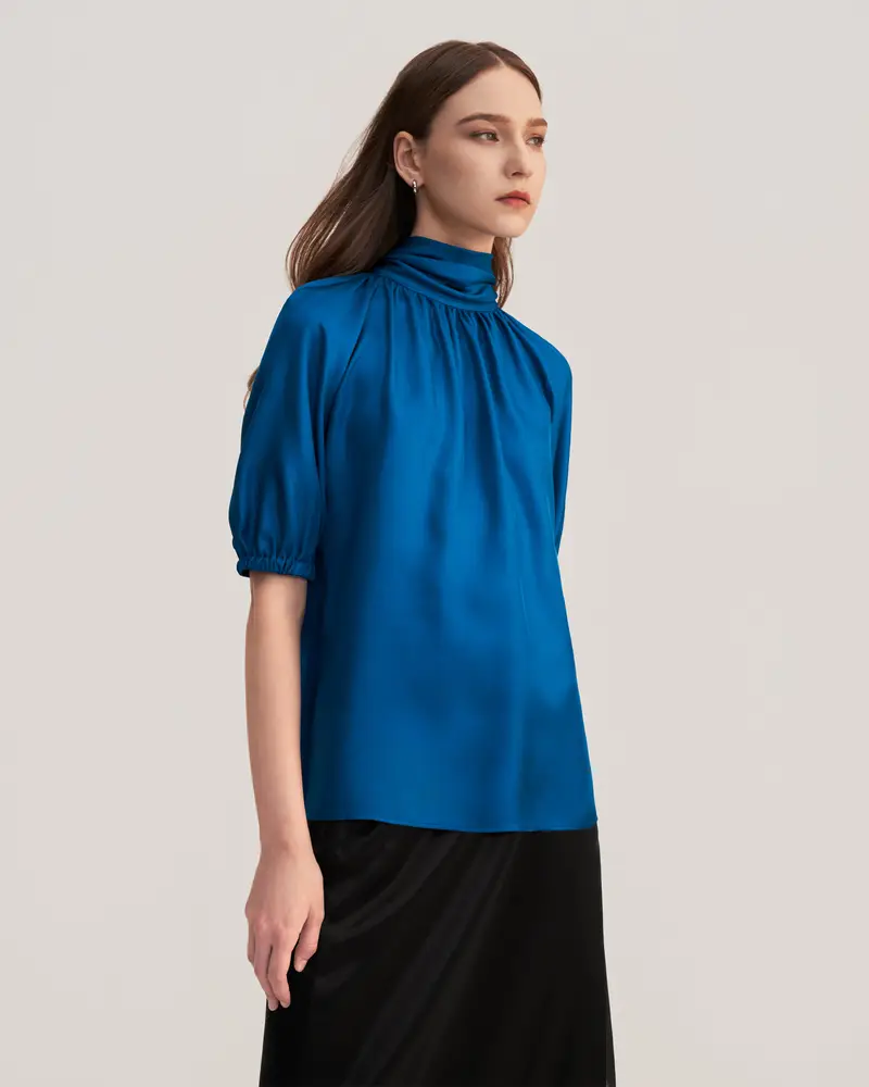 Camicia In Seta Donna Blu Reale Schiena A Cravatta, Maniche A Sbuffo 100% Seta Di Gelso Buon Valore, Rispettoso Della Pelle