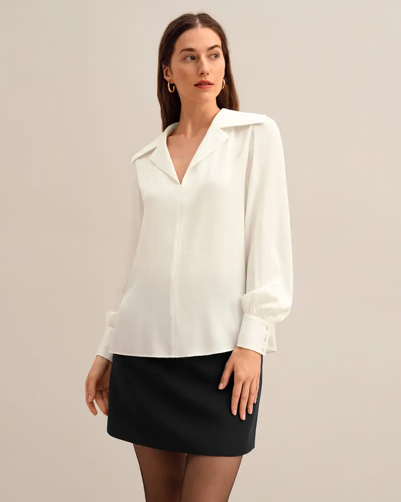 Camicia In Seta Donna Crema Maniche Fluide, Polsino Aderente 100% Seta Di Gelso Buon Valore, Rispettoso Della Pelle