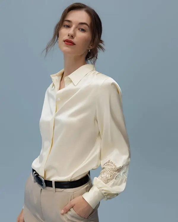 Camicia In Seta Donna Giglio Bianco Delicato Pizzo, Vestibilità Regolare 100% Seta Di Gelso Buon Valore, Rispettoso Della Pelle