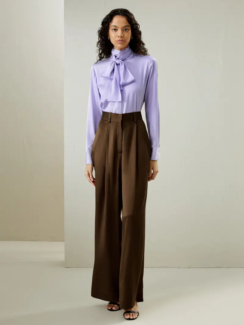 Camicia In Seta Maniche Lunghe Nastro Allo Scollo Georgette Elasticizzato Lucentezza Opulenta Pacchetto Regalo Viola