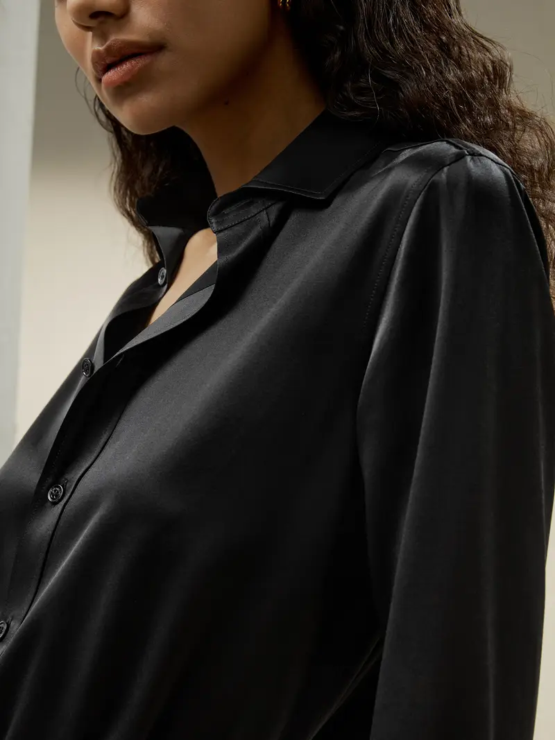 Camicia In Seta Nero Collo Di Camicia Di Base 100% Seta Naturale Buona Qualità, Lavabile In Lavatrice