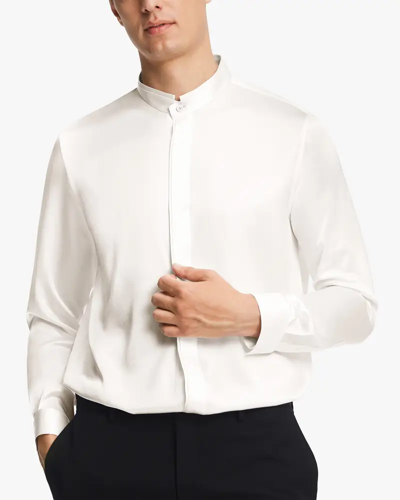 Camicia In Seta Uomo Bianco Colletto Rialzato, Pulsanti Nascosti Seta Delicato Sulla Pelle E Traspirante