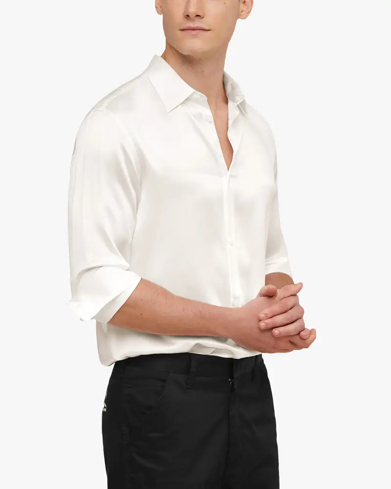 Camicia In Seta Uomo Bianco Naturale Vestibilità Regolare 100% Seta Naturale Buon Valore, Rispettoso Della Pelle