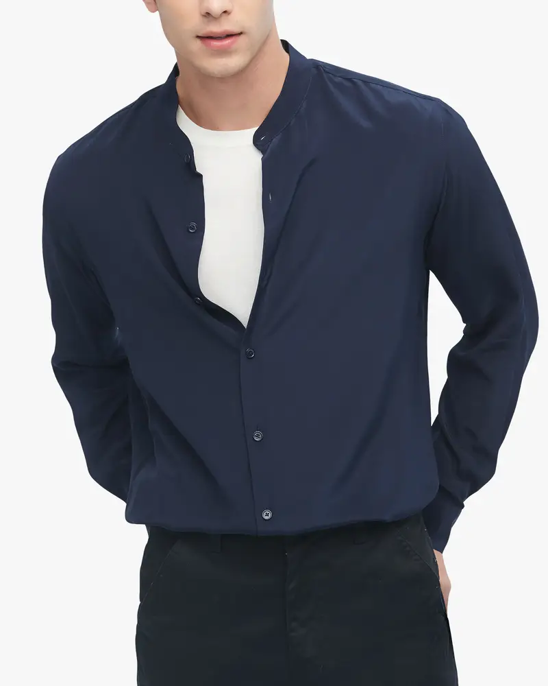 Camicia In Seta Uomo Blu-Marino Collo Alto, Taglio Regolare 100% Seta Naturale Confortevole E Amichevole Per Le Persone Allergiche