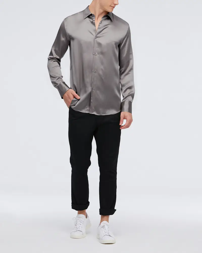 Camicia In Seta Uomo Grigio Scuro Bottone In Madreperla, Versatile 100% Seta Di Gelso Confortevole E Amichevole Per Le Persone Allergiche