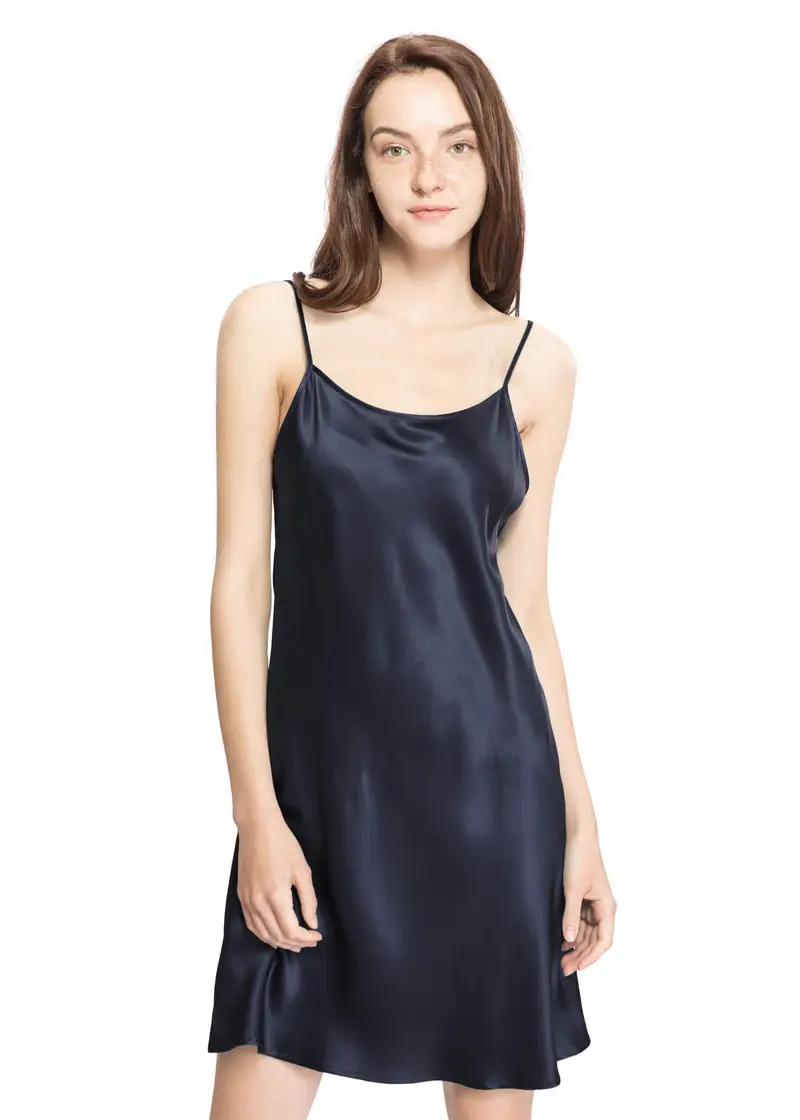 Camicia Notte Blu Scuro Charmeuse Di Seta Morbida Semplicità Scollo Rotondo Semplicità Comodo Drappeggia Bene