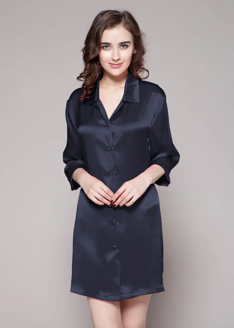 Camicia Notte Blu Scuro Seta Traspirante, Ipoallergenico Delicata Colletto Della Camicia Manica Centrale Freschezza Pacchetto Regalo