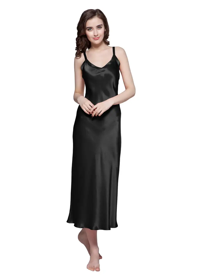 Camicia Notte Nero 100% Seta Naturale Pacchetto Regalo Lussuoso Comodo Scollo A V Morbida Cinghie Regolabili