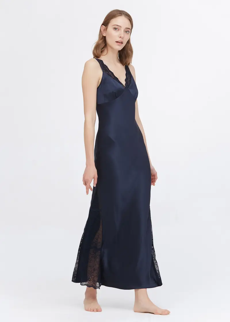 Camicia Notte Seta Blu Scuro 100 Pura Seta Trattiene L'Umidità Scollo A V Morbidi Sulla Pelle Resistente All'Usura Ed Elegante