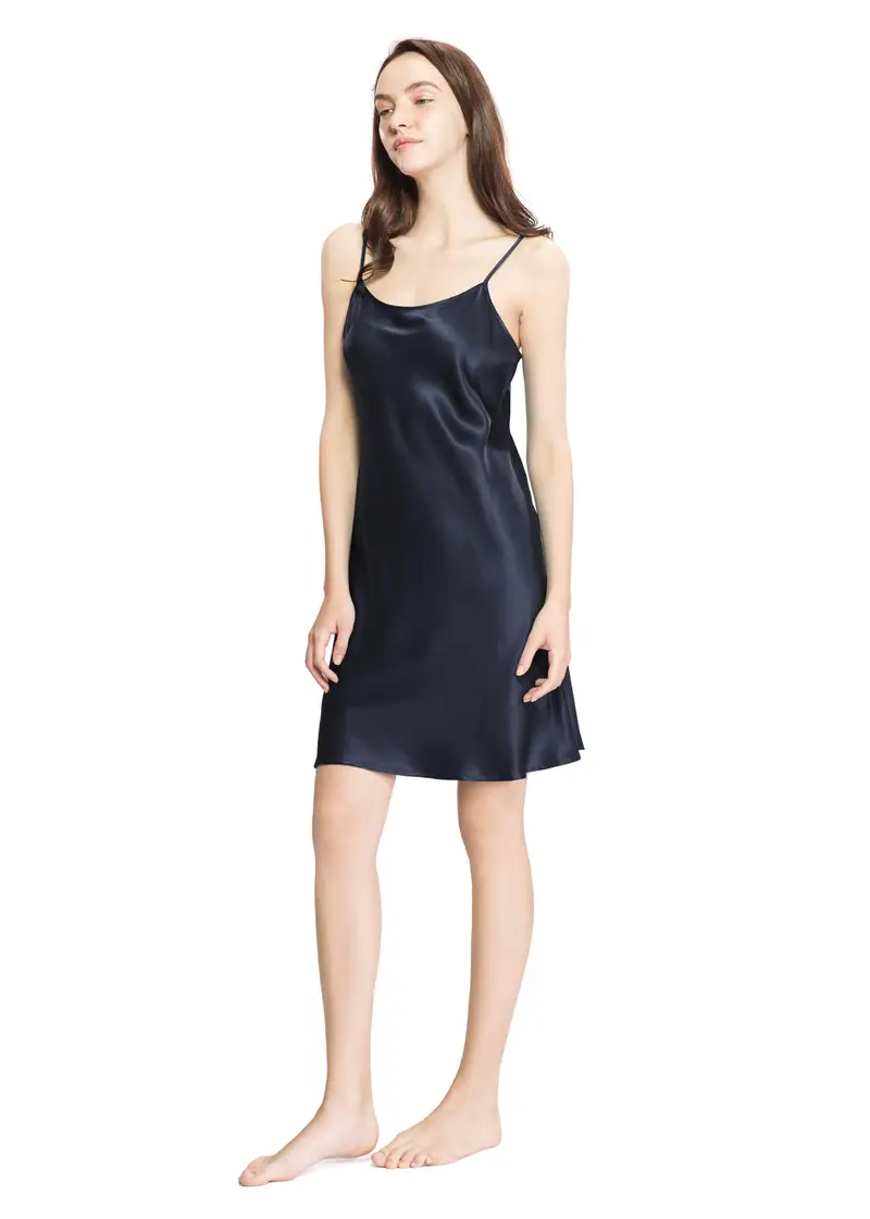 Camicia Notte Seta Blu Scuro Seta Charmeuse Traspirante, Ipoallergenico Semplicità Scollo Rotondo Freschezza Pacchetto Regalo