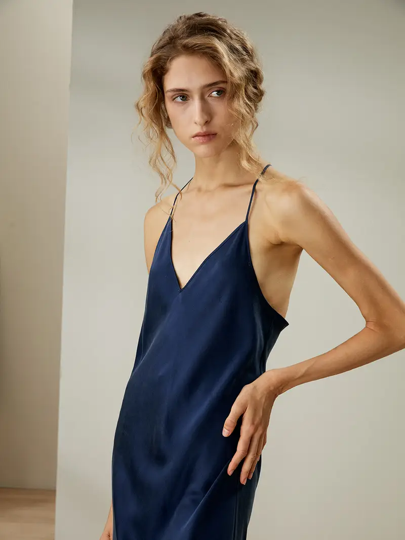 Camicia Notte Seta Lunga Blu Scuro Charmeuse Di Seta Grande Qualità Sonno Migliore Aiuto Per Il Sonno