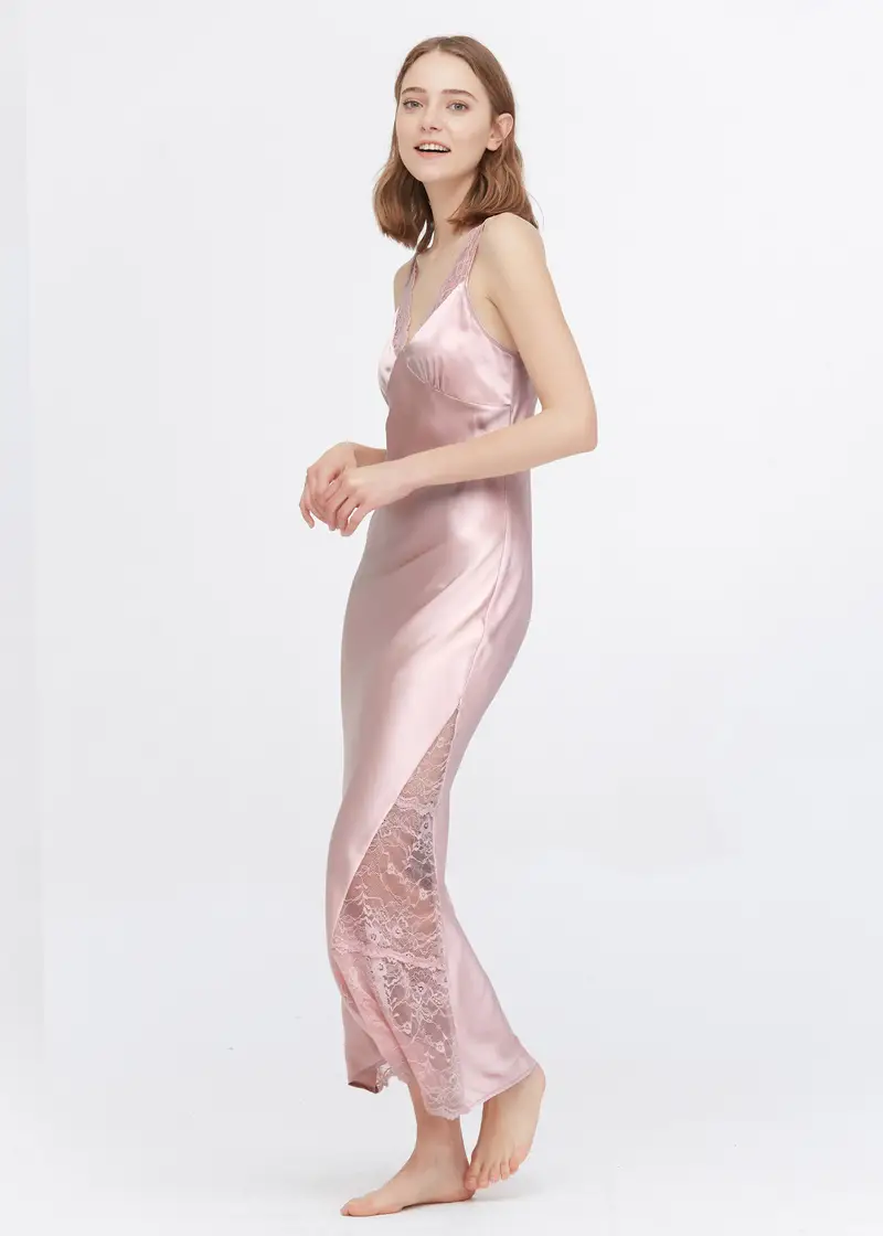 Camicia Notte Seta Rosa 100 Pura Seta Drappeggia Bene Affascinante Scollo A V Aiuto Per Il Sonno Uno Stile Unico Rosa rosato