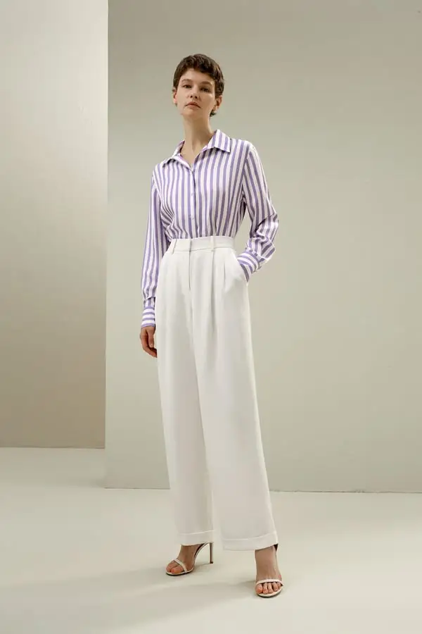 Camicia Seta Amalfi Strisce Lilla-Bianche - Elegante e Versatile per Ogni Occasione Strisce Lilla e Bianche