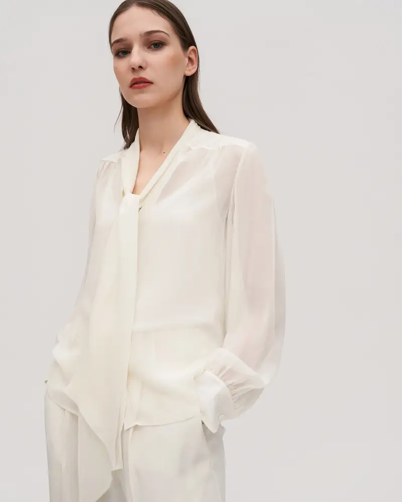 Camicia Seta Blusa Jasmine In Seta Con Papillon 100% Pura Seta Elegante Bianco Naturale