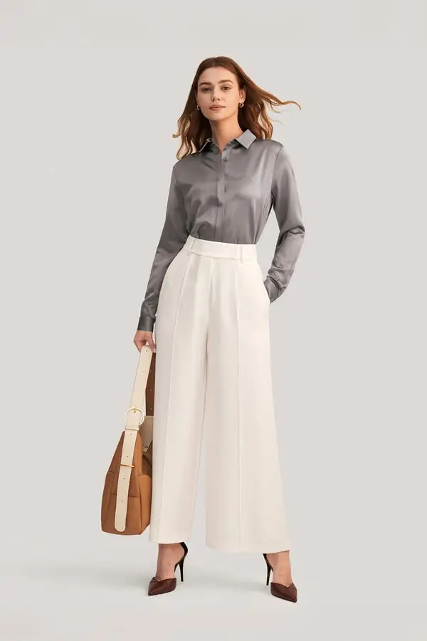 Camicia Seta Charmeuse Grigio Scuro - Morbida ed Elegante, Maniche Lunghe, Vestibilità Regolare