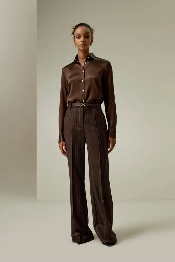 Camicia Seta Cioccolato Morbida Elegante Colletto Aperto Raso Lussuoso Lavoro/Casual