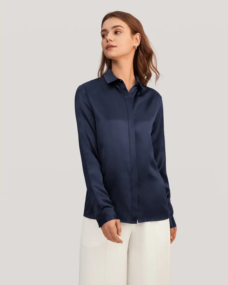 Camicia Seta Con Bottoni E Nastri Blu-Marino Pura