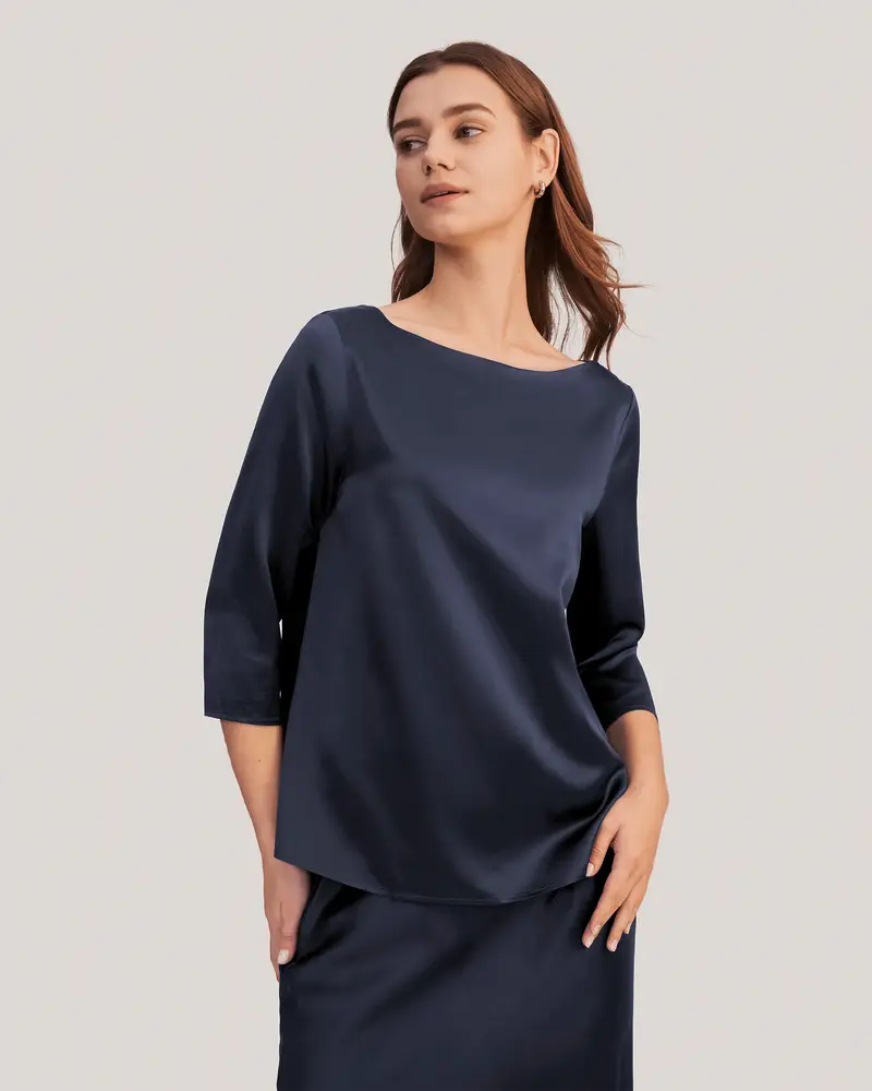 Camicia Seta Donna Blu-Marino Scollo A Barchetta, Manica 3/4 100% Seta Pura Privo Di Sostanze Chimiche Nocive