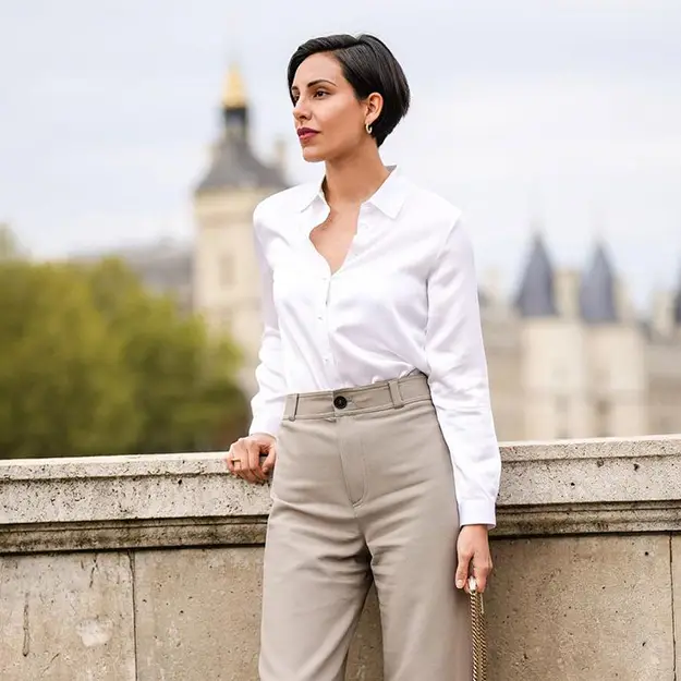 Camicia Seta Donna Camicia Classica In Seta Con Bottoni In Madreperla Blu Di Francia Bianco Naturale