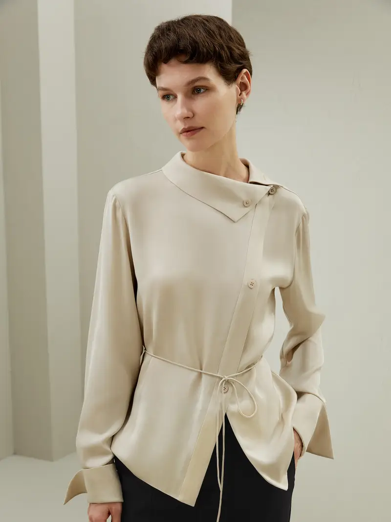 Camicia Seta Donna Colletto Asimmetrico Seta Double Joe Traspirante, Ipoallergenico Traspirante Superleggero Crema