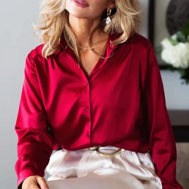 Camicia Seta Donna Con Bottoni E Nastri Violetto Rosso Traspirante