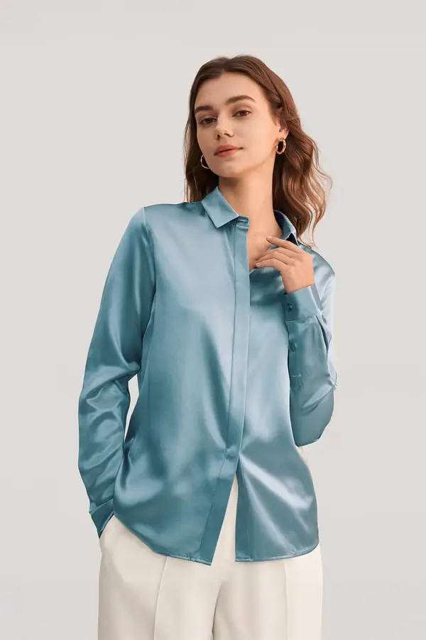 Camicia Seta Donna Elegante Blu Foschia - Seta Charmeuse Morbida e Lucida Foschia Blu
