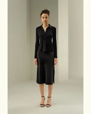 Camicia Seta Donna Femmina Morbido E Elastico Silk Jersey Super Morbido Resiste Durante Tutte Le Stagioni Nero