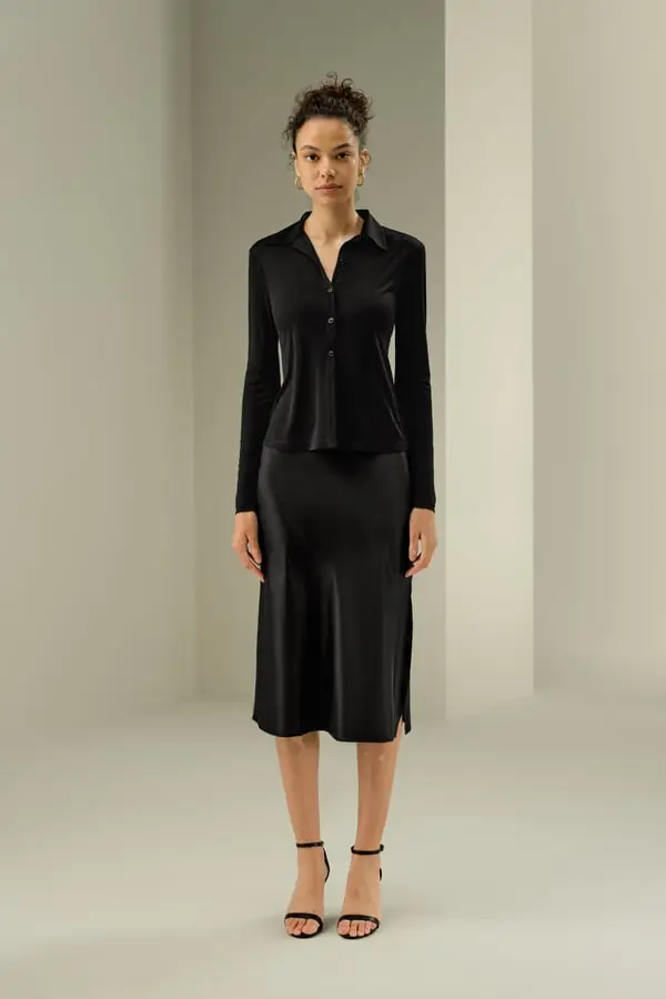 Lilysilk Maglia Donna Nero in Seta con Bottoni a Conchiglia