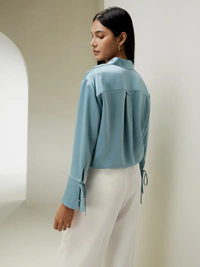 Camicia Seta Donna Foschia Blu Increspature Sull'Orlo E Sulle Maniche 100% Pura Seta Privo Di Sostanze Chimiche Nocive