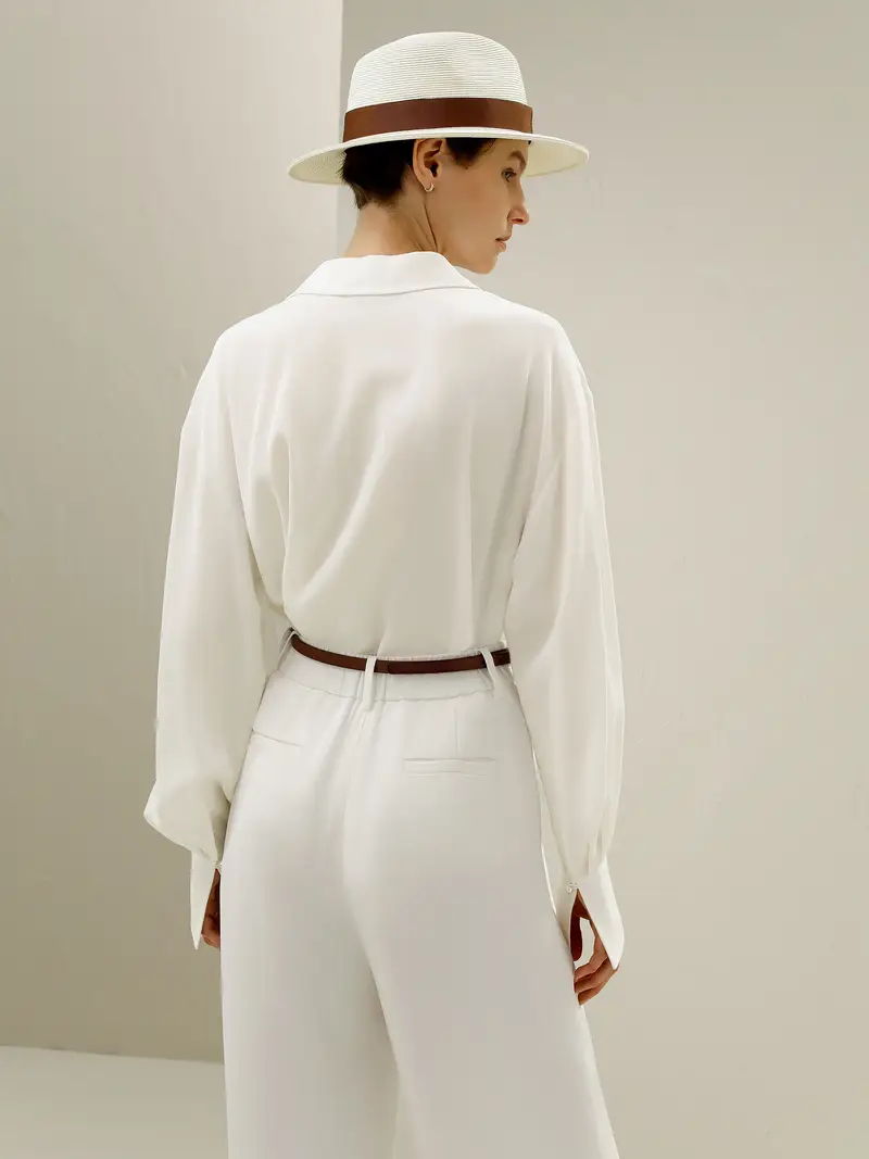 Camicia Seta Donna Maniche A Campana Seta Charmeuse Tocco Di Ariosità E Grazia Bianco