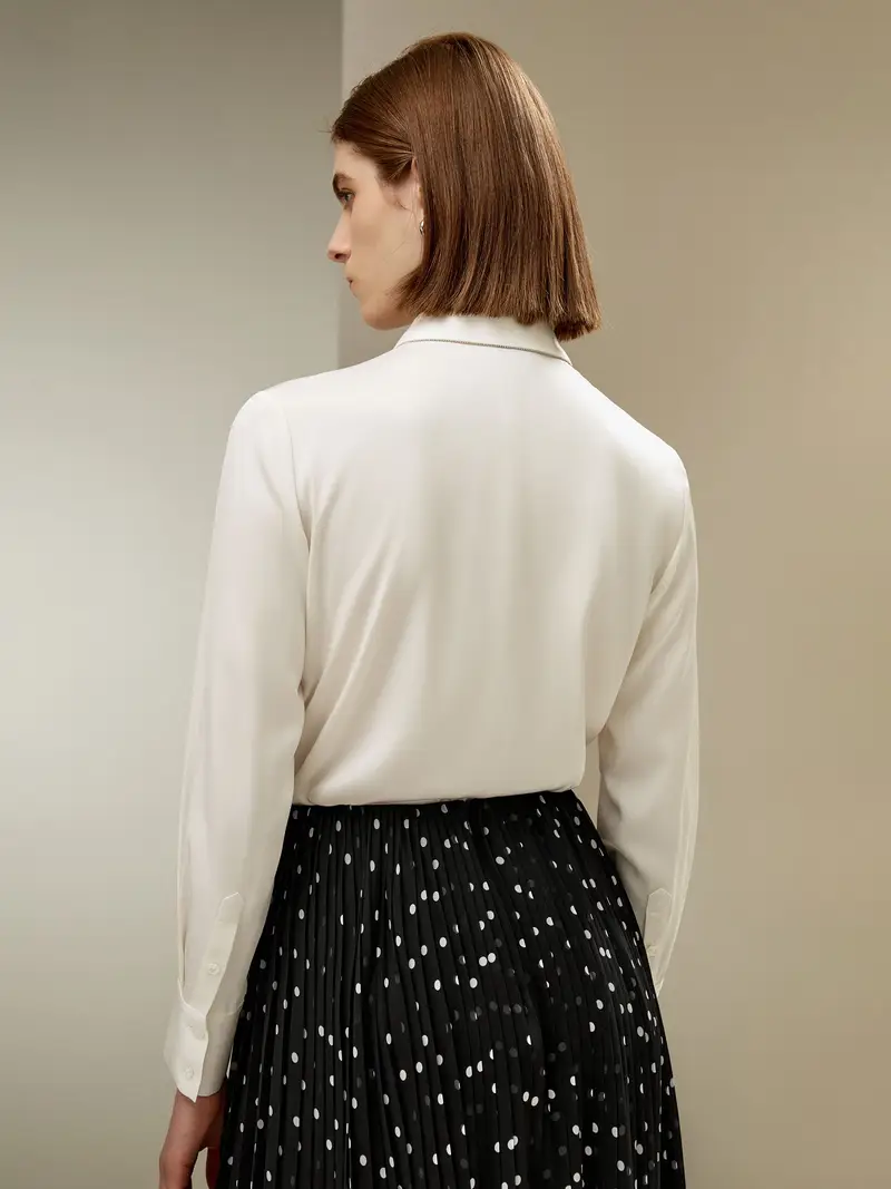 Camicia Seta Donna Maniche Lunghe100% Seta Di Gelso 100% Seta Di Gelso Alle Rughe Non È Necessario Stirarlo Bianco Perla