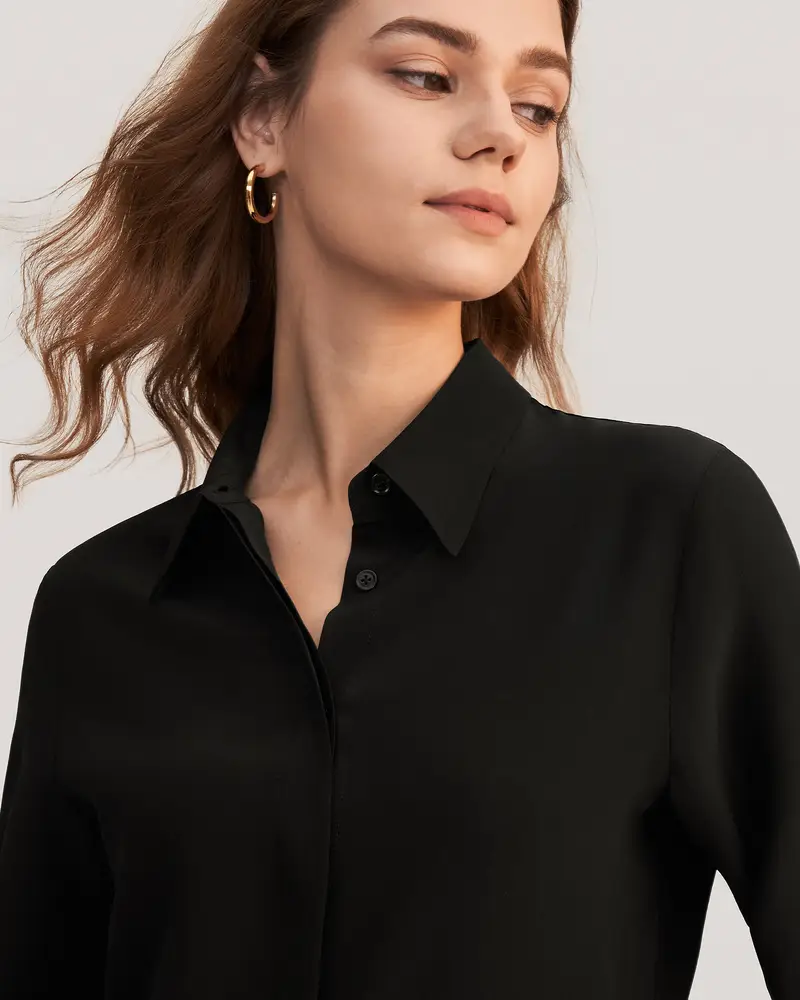 Camicia Seta Donna Nero Bottoni Madreperla, Taglio Classico 100% Seta Di Gelso Privo Di Sostanze Chimiche Nocive