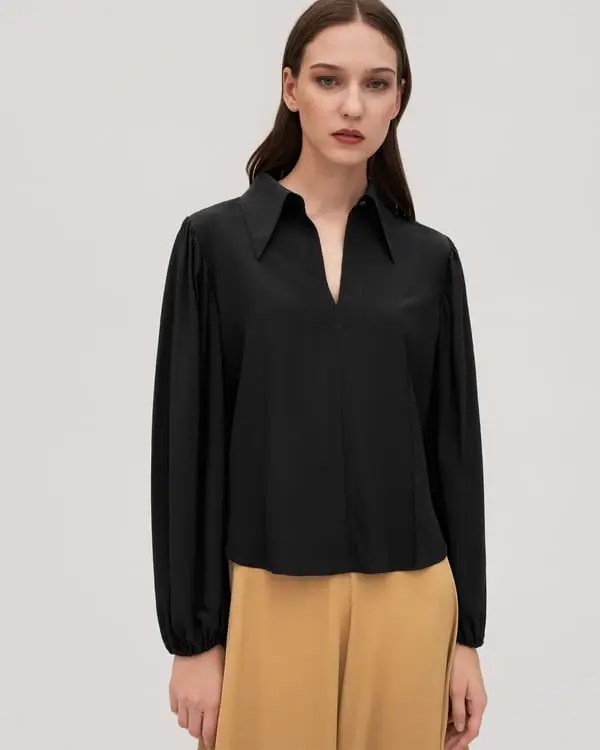 Camicia Seta Donna Nero Scollo A V, Polsini Elasticizzati 100% Seta Pura Privo Di Sostanze Chimiche Nocive