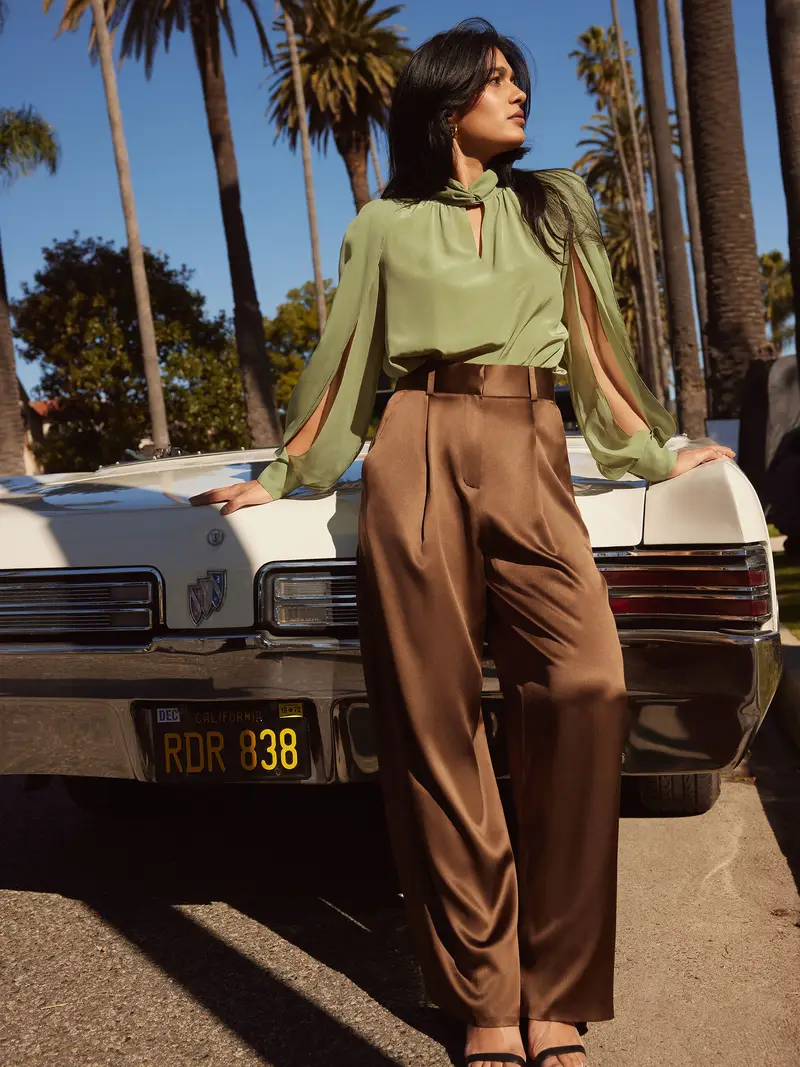 Camicia Seta Donna Pistacchio Chiusura Con Bottoni Sul Retro 100% Pura Seta Incredibilmente Morbido E Confortevole Al Tatto