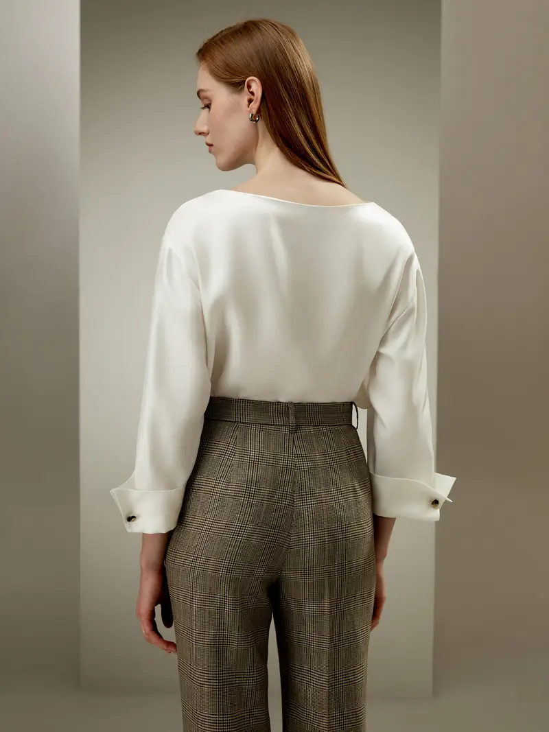 Camicia Seta Donna Polsino Alla Francesemaniche A Tre Quartiseta Naturale Al 100% Seta Naturale Al 100% Eleganza Casual Bianco Fumo