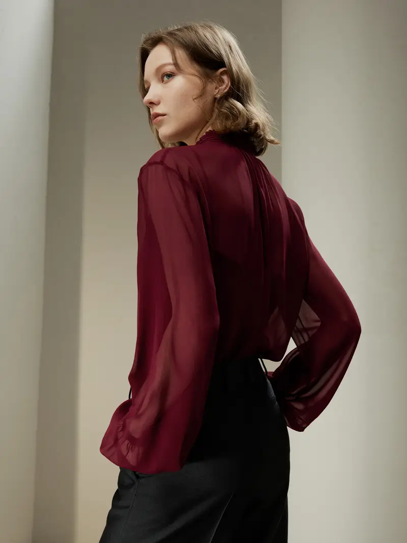 Camicia Seta Donna Sangue Di Bue Coulisse Sul Davanti Georgette Semitrasparente Rispettosi Della Pelle E Traspiranti