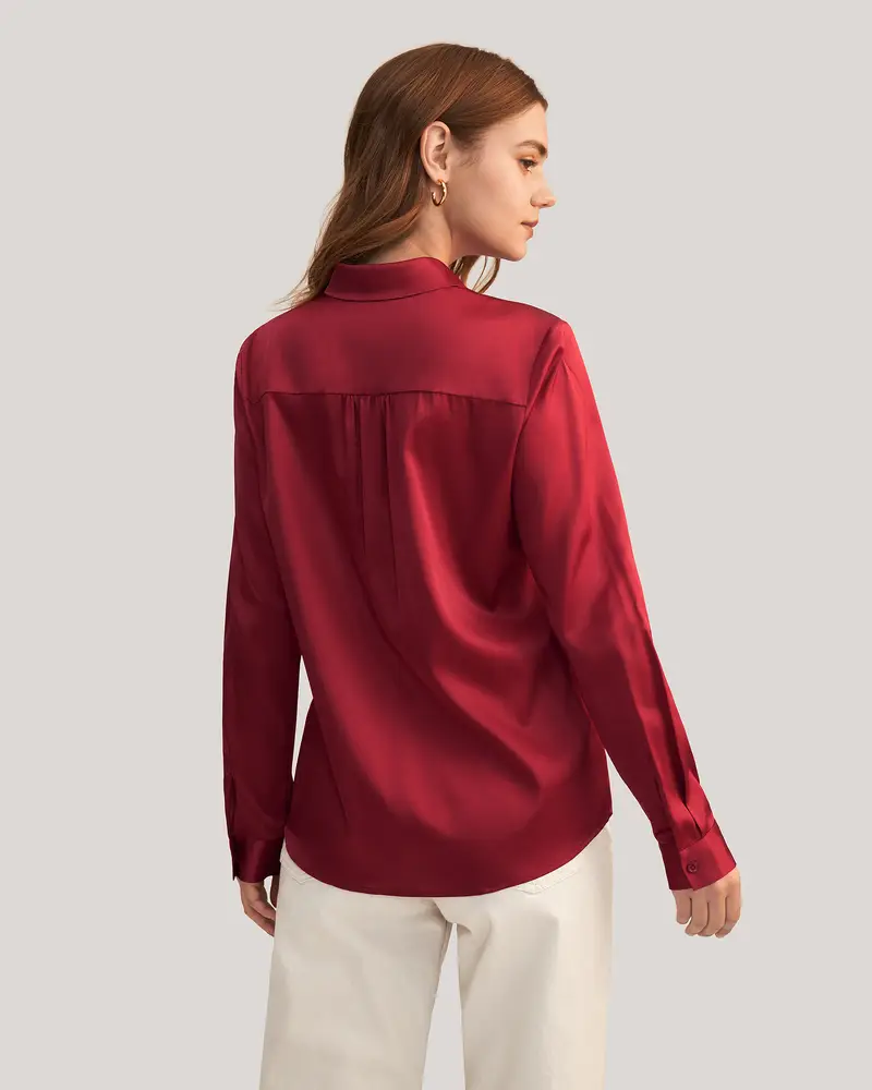 Camicia Seta Donna Violetto Rosso Orlo Curvo, Senza Rughe Seta Di Gelso Privo Di Sostanze Chimiche Nocive