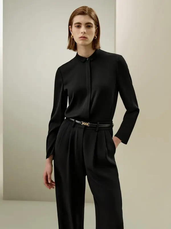 Camicia Seta Elegante Nero - Design Minimalista, Manica Lunga, 90% Seta 10% Spandex