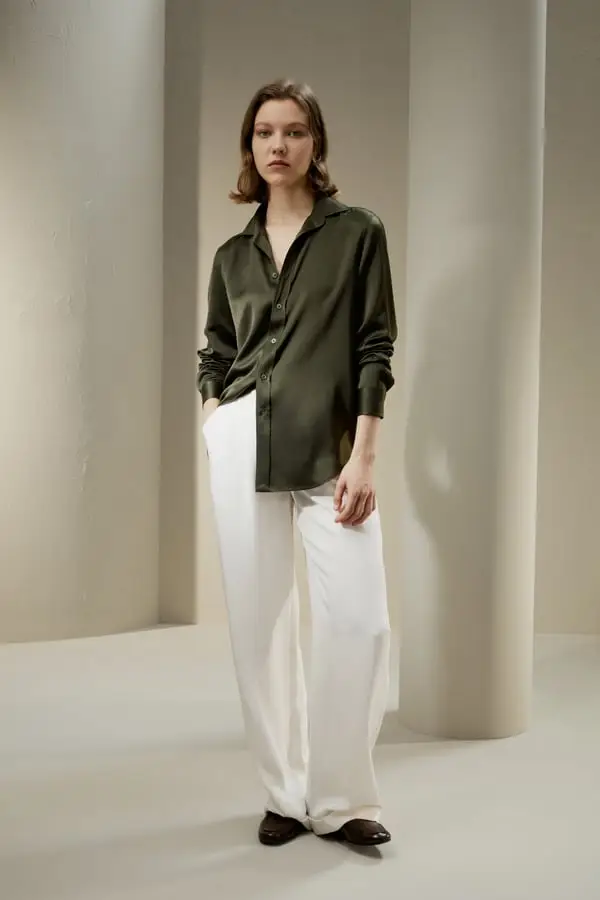 Camicia Seta Elegante Oliva Scuro Donna Lavoro/Tempo Libero Maniche Lunghe Charmeuse Liscia