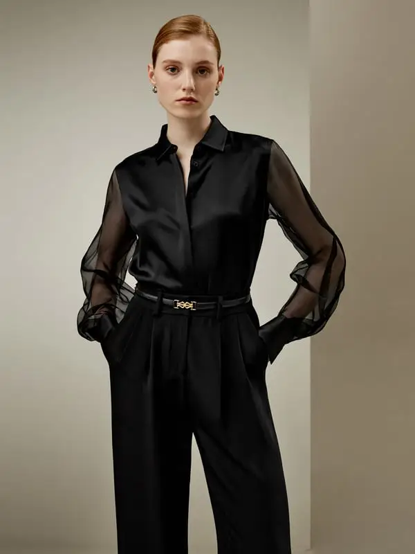 Camicia Seta Eterea Nera - Maniche Trasparenti Eleganti per Donna Nero
