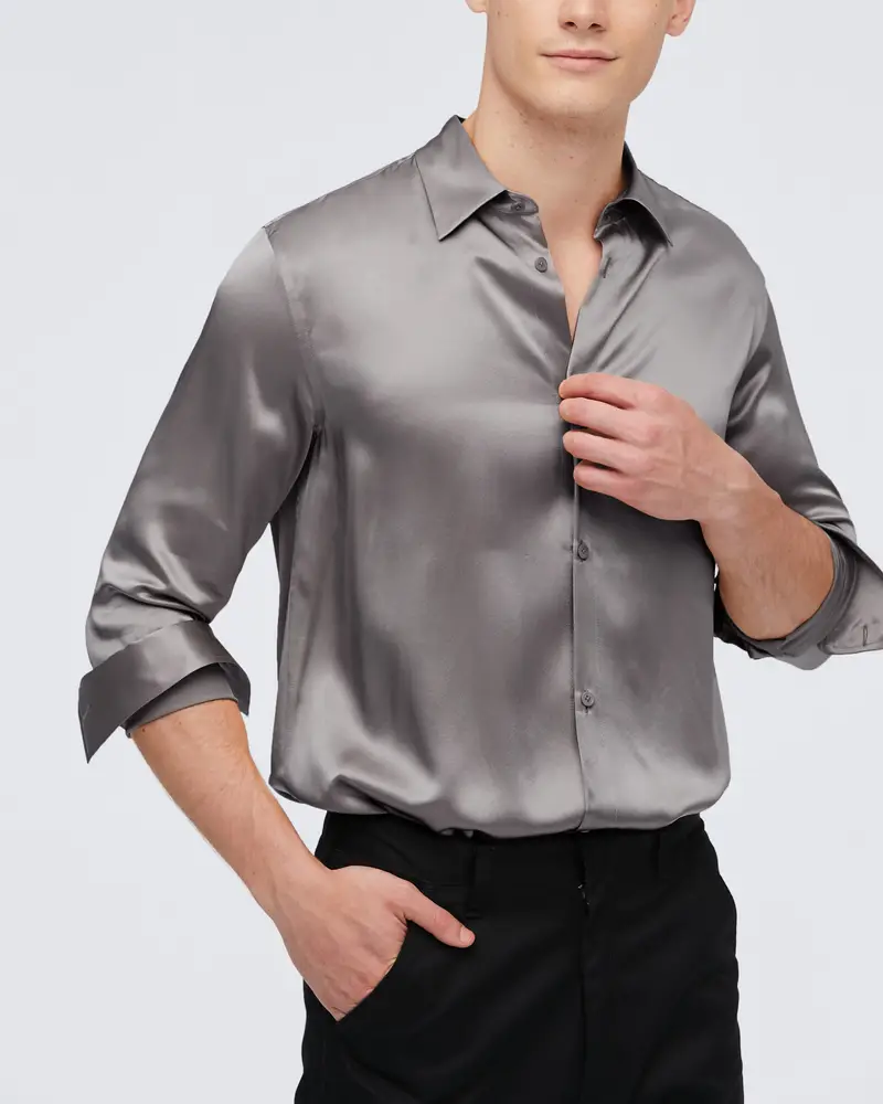 Camicia Seta Grigio Scuro Versatile, Maniche Lunghe 100% Seta Delicato Sulla Pelle E Traspirante