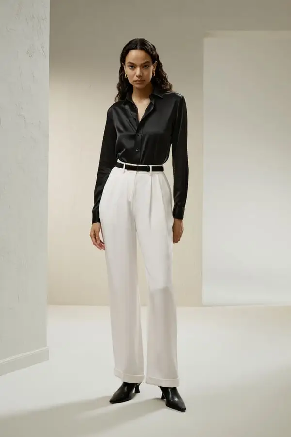 Camicia Seta Nera Elegante Donna Lavoro/Tempo Libero Collo Classico Maniche Lunghe Nero